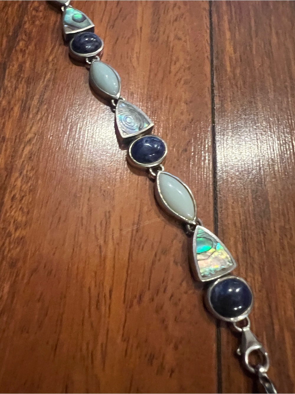 Sterling Silver Abalone & Gemstone Link Bracelet in Iridescent blue and Cream